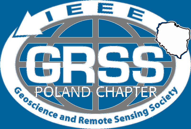 IEEE GRSS Poland Chapter logo, white version on a blue background